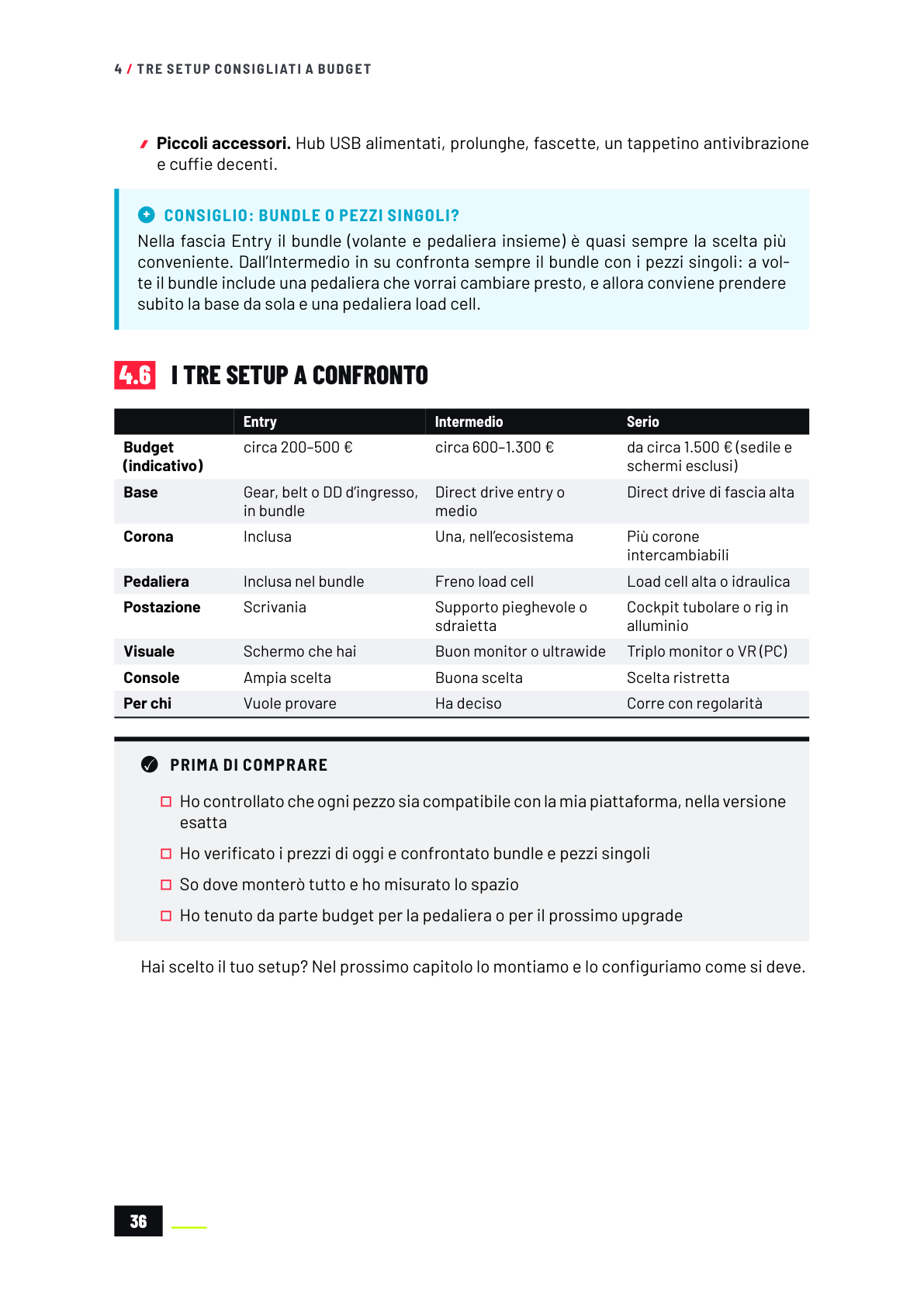 Pagina 36 del libro: tabella dei tre setup a confronto e checklist prima di comprare.