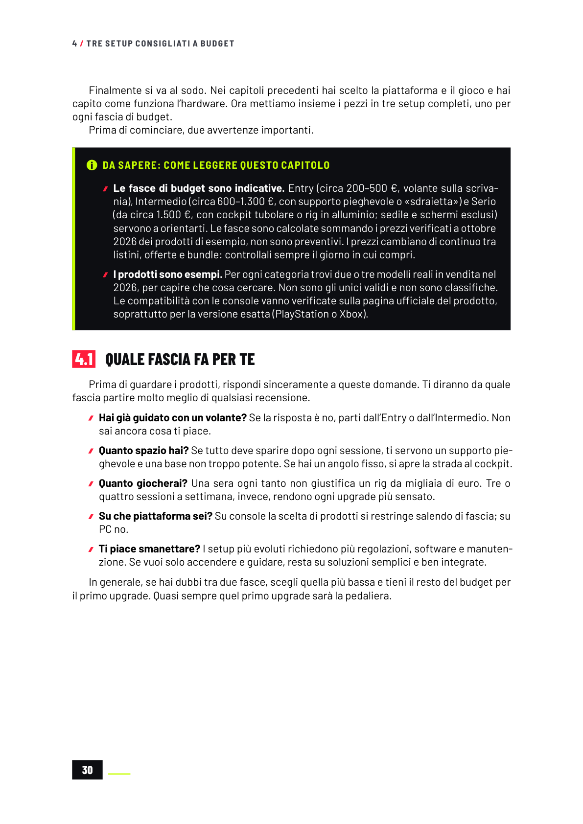 Apertura del capitolo 4: come leggere le fasce Entry, Intermedio e Serio.